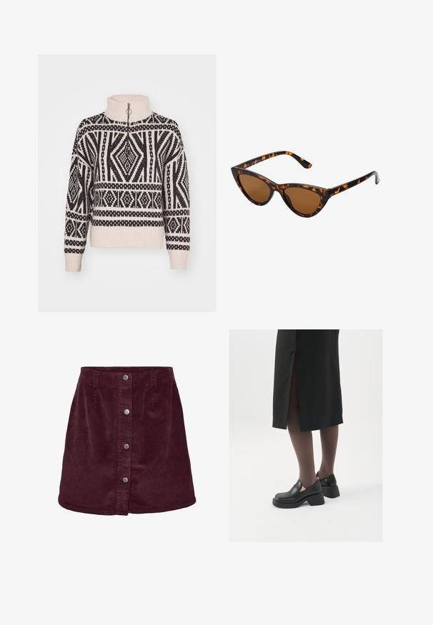 Maglione lavorato a maglia in crema con motivo geometrico nero, dotato di un collo alto e chiusura a zip quarti. Polsini e orlo a costine.; Gonna mini in corduroy bordeaux a forma di a, con cinque bottoni argentati lungo la parte anteriore e una sottile texture a righe.; Scarpe in pelle nera con punta arrotondata, tacco spesso a blocco e accenti laterali in elastico, abbinate a collant scuri e una gonna nera con uno spacco.; Occhiali da sole cat-eye con una montatura tartarugata nera e arancione, lenti marroni e punte affusolate e eleganti. Presentano un logo minimale sulla asta.
