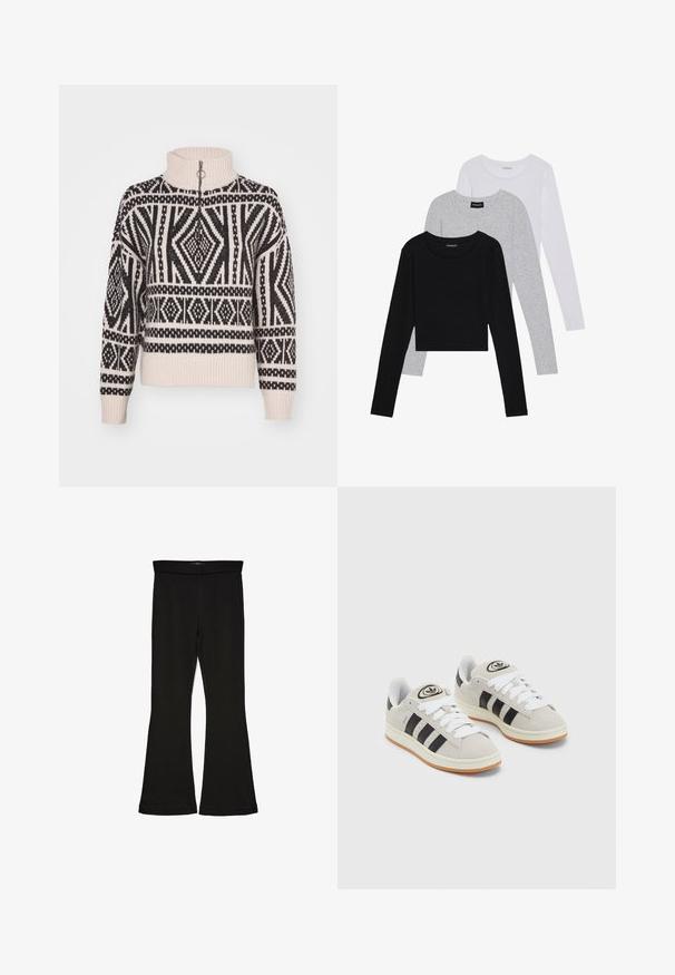 Trikotažový sveter v krémovej farbe s čiernym geometrickým vzorom, s vysokým golierom a štvrť-zipsom. Rybkované manžety a spodný lem.; Tričko s dlhým rukávom v troch farbách: čiernej, sivej a bielej. Každé má okrúhly výstrih a skrátený strih vyrobený z hladkej, ľahkej tkaniny.; Čierne legíny s flared strihom vyrobené z elastického materiálu. Majú široký pás a hladkú textúru, s priliehavým siluetom, ktorý sa na okraji rozširuje.; Sivé semišové tenisky s bielymi šnúrkami, čiernymi pruhmi a bielou gumovou podrážkou. Obsahujú okrúhly logo na jazyku a gumenú podrážku.
