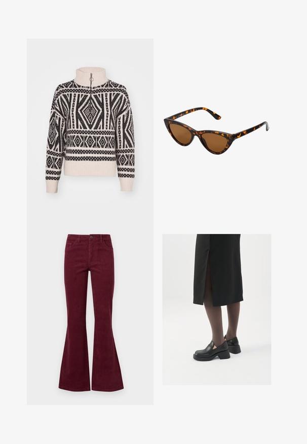 Sweter dziany w kremowym kolorze z czarnym geometrycznym wzorem, z wysokim kołnierzem i zapięciem na ćwierć zamka. Ściągacze przy mankietach i na dole.; Bordowe dżinsy z prążkowanej corduroy w fasonie dzwonów, z pięcioma kieszeniami, przednim zapięciem na guzik i teksturowanym materiałem. Dzwony rozszerzają się od kolana do dolnej krawędzi.; Czarne skórzane buty z okrągłym noskiem, grubym blokowym obcasem i elastycznymi akcentami po bokach, zestawione z ciemnymi rajstopami i czarną spódnicą z rozcięciem.; Okulary przeciwsłoneczne w kształcie kocich oczu z czarno-pomarańczową oprawą w deseń żółwia, brązowymi soczewkami i eleganckimi, spiczastymi końcówkami. Posiadają minimalistyczne logo na zauszniku.