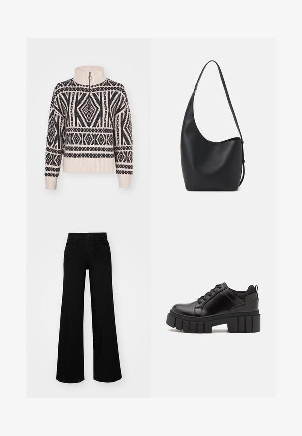 Pletena džemper u krem boji s crnim geometrijskim uzorkom, s visokim ovratnikom i zatvaranjem na četvrtasti patentni zatvarač. Ribanasti manžeti i rub.; Crne široke traperice s čvrstim pojasom, petljama za remen i prednjim džepovima. Gladak teksturirani materijal s klasičnim dizajnom.; Crne kožne platforme s debelim blok-peta, okruglim prstima i klasičnim dizajnom vezanja. Imaju gladak tekstur i minimalne detalje.; Crna kožna hobo torba s glatkom teksturom, zakrivljenim oblikom i jednom podesivom trakicom; ima širok otvor na vrhu.