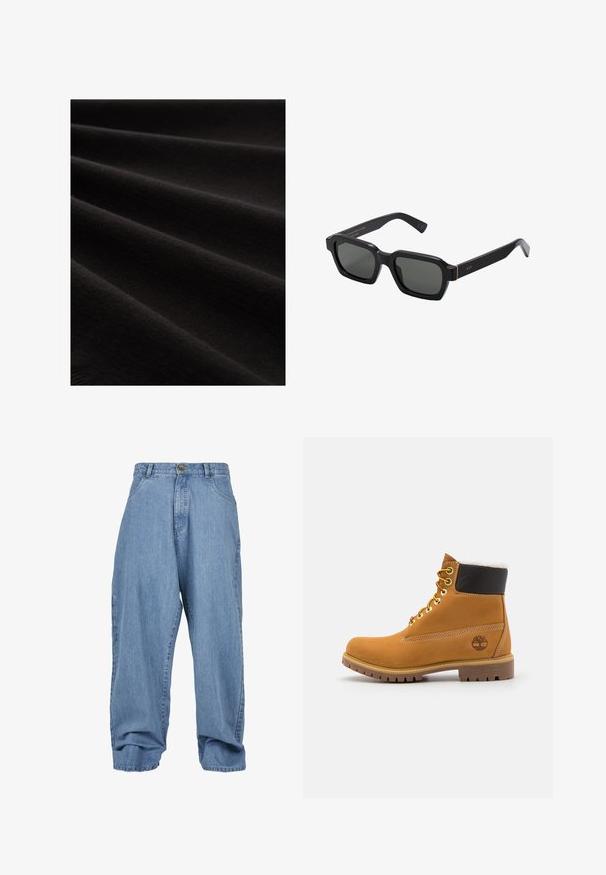 Schwarzer Stoff mit glatter Textur, dargestellt in Falten, zeigt einen dezenten Glanz und ein feinmaschiges Muster, das sein weiches Aussehen betont.; Hellblaue Jeanshosen mit lockerem Schnitt, Knopfverschluss, frontalen Taschen und umgeschlagenem Saum, ausgestattet mit einem klassischen Fünf-Taschen-Design.; Braune Leder-Ankle-Boots mit Metallösen, weißem Kunstfellfutter, schwarzem gepolstertem Kragen, robustem Sohlenprofil und geprägtem Logo an der Seite.; Schwarze, quadratische Sonnenbrillen mit grauen Gläsern. Dicke Kunststoffrahmen verfügen über goldene Akzente und Branding an den Schläfen. Glatte Textur.