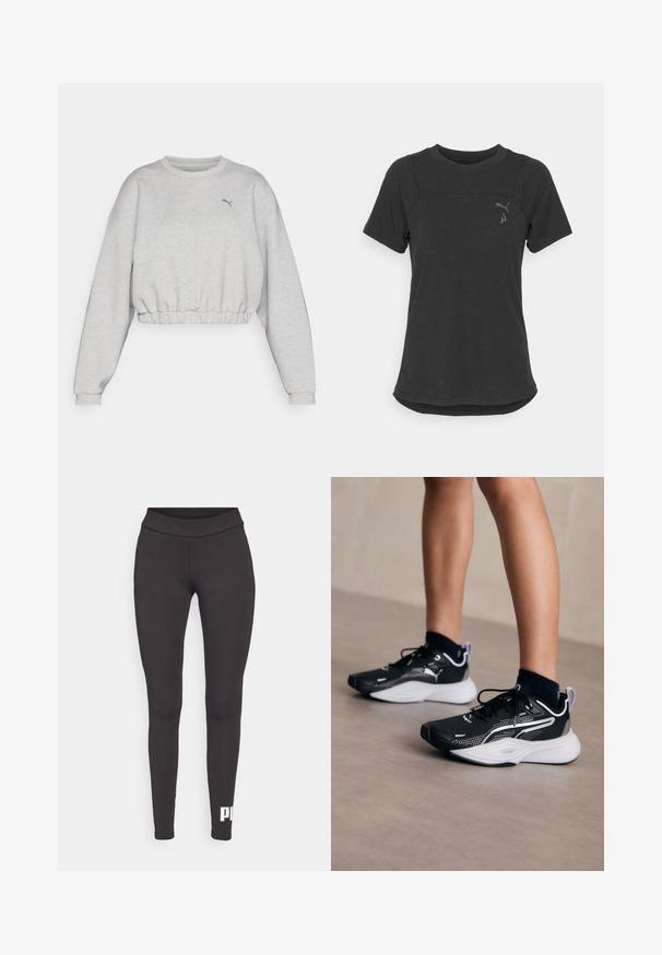 Svetlo šedý skrátený svetér s rebrovaným lemom, spadnutými ramenami a malým čiernym logom Puma na hrudi. Mäkká textúra látky.; Čierne tričko s krátkym rukávom vyrobené z mäkkého, priedušného materiálu. Má zaoblený lem a diskrétne logo v hornej ľavej časti hrudníka.; Čierne legíny vyrobené z elastického materiálu, s vysokým pásom a bielym logom potlačeným na dolnej časti ľavej nohy. Hladký povrch.; Čierne atletické topánky s bielymi akcentmi, vrchná časť z prepletanej textílie, šnúrky a polstrovaná päta. Obsahujú štruktúrovanú podrážku pre lepšiu priľnavosť.