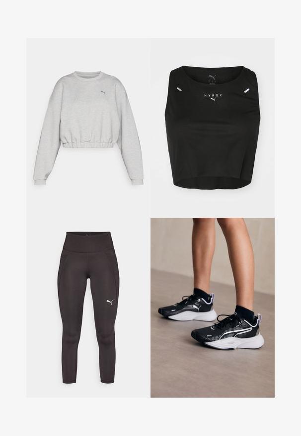 Svetle šedá zkrácená mikina s žebrovaným lemem, kleslými rameny a malým černým logem Puma na hrudi. Měkká textilie.; Černý zkrácený top bez rukávů vyrobený z texturované látky, s kulatým výstřihem, bílým logem a dvěma malými reflexními detaily na ramenech.; Černé sportovní legíny vyrobené z elastického materiálu s vysokým pasem, s bočními kapsami a bílým logem na levé noze.; Černé sportovní boty s bílými akcenty, síťovaným svrškem, šněrováním a polstrovanou patou. Obsahují texturovanou podrážku pro lepší přilnavost.