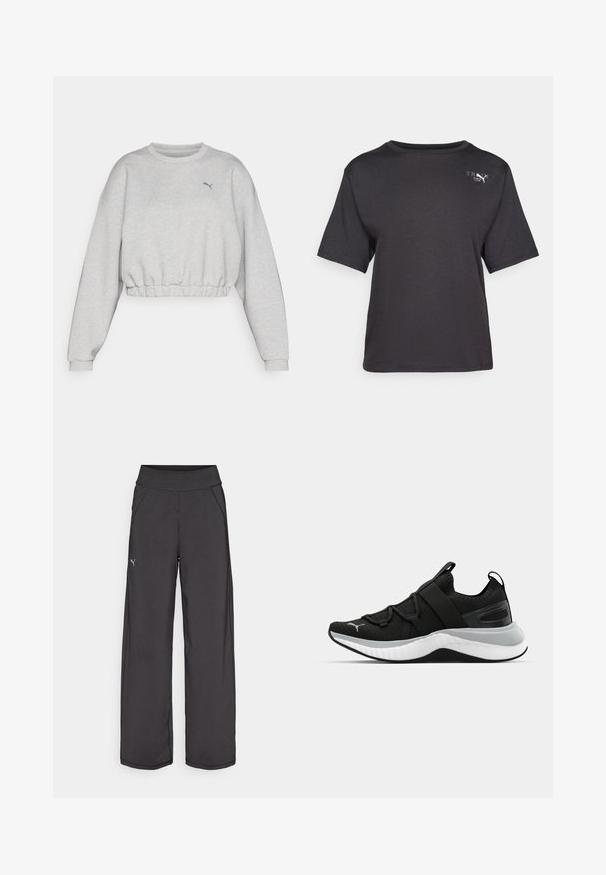 Világosszürke, cropped pulóver bordázott szegéllyel, eső vállakkal és egy kis fekete Puma logóval a mellen. Puha anyagú textúra.; Fekete, rövid ujjú póló, puha anyagból készült, kerek nyakkivágással és egy kis logóval a bal felső oldalon.; Fekete sportnadrág széles derékpánttal, oldalsó zsebekkel és sík varratokkal. A bal lábon található egy kis logó. Sima, rugalmas anyagból készült.; Fekete sportcipő textúrázott felső résszel, rugalmas pántokkal és vastag fehér középtalppal. Szürke akcentussal rendelkezik a talp mentén.