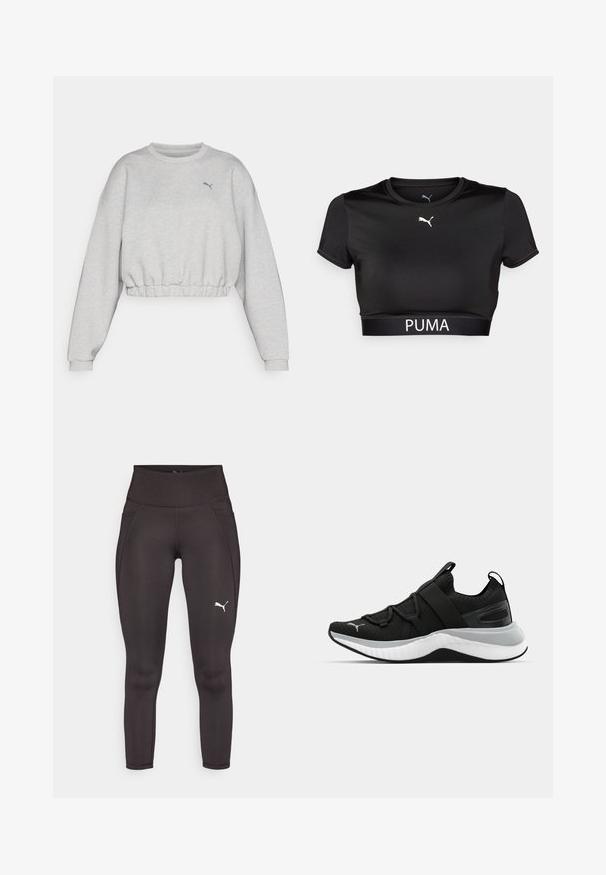 Világosszürke, cropped pulóver bordázott szegéllyel, eső vállakkal és egy kis fekete Puma logóval a mellen. Puha anyagú textúra.; Fekete, rövidített póló sima anyagból, kerek nyakkivágással, rövid ujjal, és fehér PUMA logóval a külső peremén.; Fekete sportos leggings, rugalmas anyagból, magas derékkal, oldalsó zsebekkel és fehér logóval a bal lábon.; Fekete sportcipő textúrázott felső résszel, rugalmas pántokkal és vastag fehér középtalppal. Szürke akcentussal rendelkezik a talp mentén.