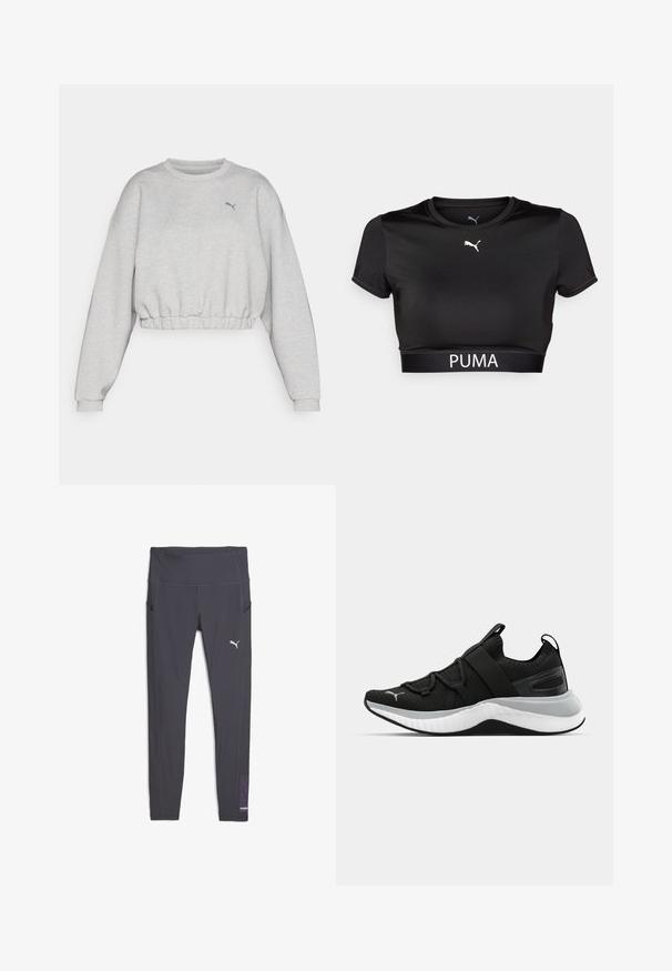 Világosszürke, cropped pulóver bordázott szegéllyel, eső vállakkal és egy kis fekete Puma logóval a mellen. Puha anyagú textúra.; Fekete, rövidített póló sima anyagból, kerek nyakkivágással, rövid ujjal, és fehér PUMA logóval a külső peremén.; Szürke sportleggings, magas derekú, oldalsó zsebekkel és lila mintával az alsó lábszáron, fehér logóval.; Fekete sportcipő textúrázott felső résszel, rugalmas pántokkal és vastag fehér középtalppal. Szürke akcentussal rendelkezik a talp mentén.
