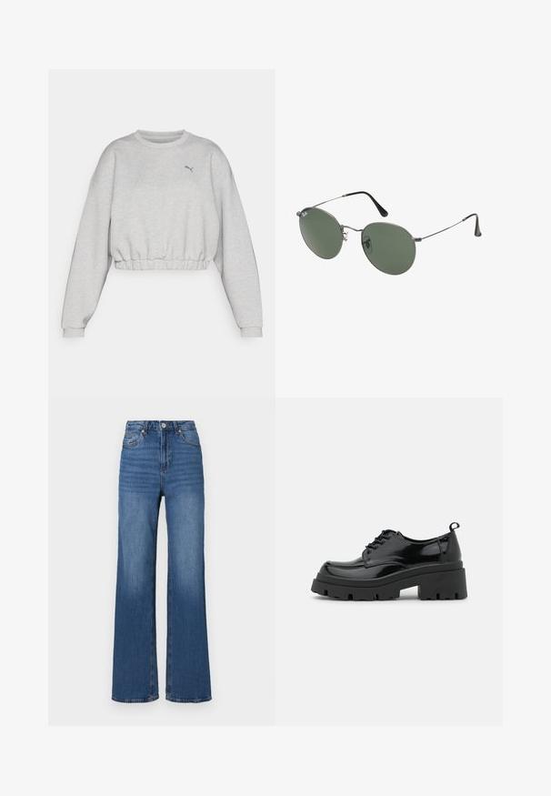 Ljust grå kort sweatshirt med ribbad nederkant, neddragna axlar och en liten svart Puma-logga på bröstet. Mjuk tygtextur.; Högmidjade, vida blå jeans i denim, med en klassisk femfickorsdesign och subtila blekningar längs benen.; Svarta lackskinnsskor med en kraftig plattformssula och tjocka snören. Rundad tå, minimal detaljering och en liten hälflik bak.; Metallinramade solglasögon med ovala gröna linser. Tunn silvermetallram och svarta öronpluggar. Minimalistisk design, inga synliga logotyper.