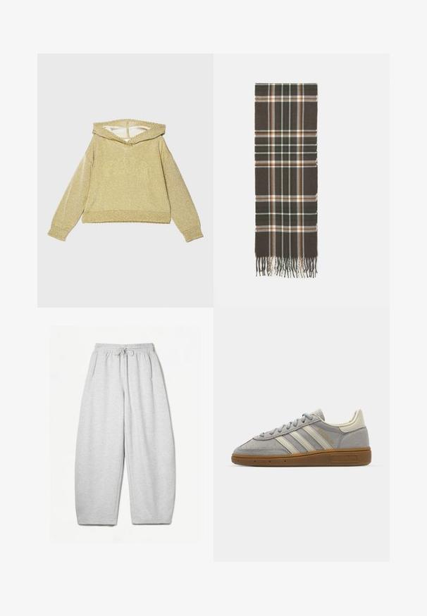 Zlatá, trblietavá mikina s širokým výstrihom, dlhými rukávmi a rebrovanými manžetami. Má štruktúrovaný povrch a skrátený strih.; Svetlošedé tepláky s voľným strihom, elastickým pásom, šnúrkou a bočnými vreckami; vyrobené z mäkkej, štruktúrovanej látky.; Šedé semišové tenisky s svetlosivými koženými pruhmi a gumovou podrážkou. Medzi vlastnosti patrí šnurovanie a jemné logo na jazyku.; Hnedý károvaný šál so zelenými, bielymi a oranžovými pruhmi, zakončený třásňami na oboch koncoch. Vyrobený z mäkkého textilného materiálu.