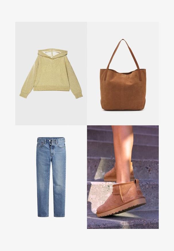 Hanorac auriu, strălucitor, cu un guler larg, mâneci lungi și manșete cu dantelă. Prezintă un finisaj texturat și un design scurt.; Jeans din denim de un albastru deschis, cu croi drept, design cu cinci buzunare și închidere cu buton. Prezintă decolorări subtile și cusături accentuate de culoare portocalie.; Botine bej din suede cu o textură moale, detalii cusute și o talpă din cauciuc, având un călcâi cu buclă pentru o utilizare ușoară.; Geantă tote din suede maro, cu două mânere lungi, caracterizată printr-o textură netedă, un design simplu și fără accesorii sau elemente metalice vizibile.