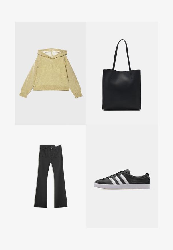 Felpa dorata e scintillante con scollatura ampia, maniche lunghe e polsini a coste. Presenta una finitura texturizzata e un design cropped.; Jeans neri a campana realizzati in denim con una texture liscia, dotati di due tasche posteriori e chiusura con bottone in vita.; Sneaker in pelle nera con design a tre strisce bianche, punta arrotondata, suola piatta in gomma bianca e dettaglio del marchio sul lato.; Borsa tote in pelle nera con texture liscia, forma rettangolare e due manici lunghi. Nessun hardware o decorazione visibile.