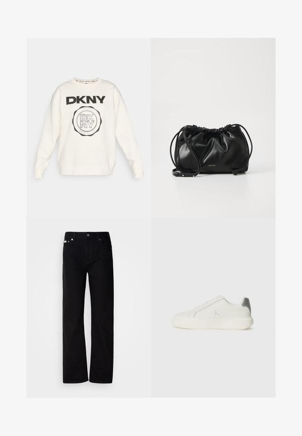 Sweatshirt branco com logotipo DKNY preto em texto negrito e design circular. Apresenta punhos e barra canelados, além de um tecido macio e texturizado.; Calças de ganga pretas de perna reta com cinco bolsos, rebites prateados e fecho de botão. O tecido tem um acabamento suave e ligeiramente texturizado.; Sapatilha branca feita de couro com textura suave, apresentando um detalhe em prateado no calcanhar, sola plana e design minimalista.; Bolsa de mão em couro preto com design franzido, fecho de cordão duplo e alça de ombro destacável. Apresenta detalhe em logo metálico.