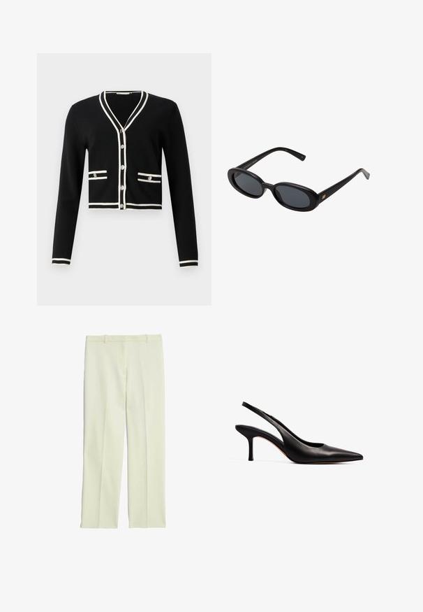 Svart kort cardigan med långa ärmar, vit kant runt utfodringen och fickorna, fem knappar framtill, slät textur.; Krämfärgade skräddarsydda byxor med rak bendesign, med slät front, bältesslingor och en mjuk textur.; NA-KD Pumps - black; Svarta överdimensionerade solglasögon med ovala linser, slät plastbåge och guldaccent på bågarna. Mörka linser ger solskydd.