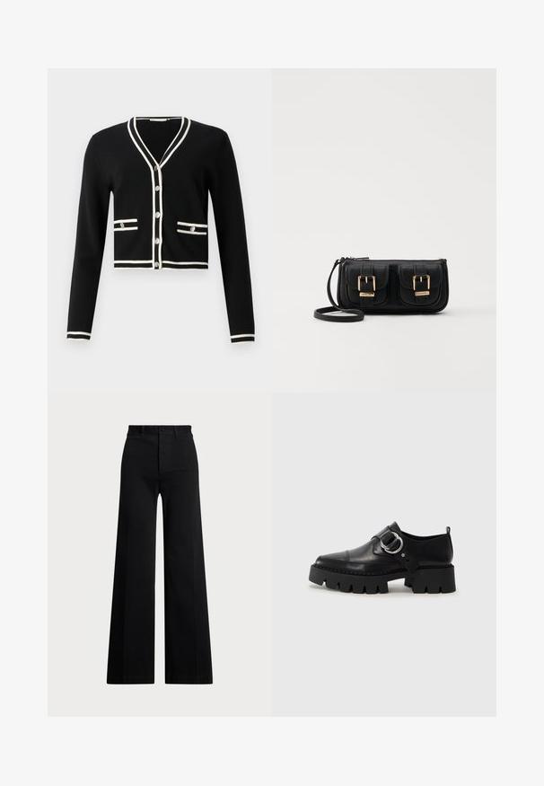 Cardigan preto cropped com mangas longas, com detalhes em branco na gola e nos bolsos, cinco botões na parte da frente, textura suave.; Calças largas pretas feitas de tecido entrelaçado, apresentando uma cintura alta, fecho frontal com botão e bolsos laterais. Textura suave com linhas limpas.; Sapatos pretos de couro com sola grossa e estriada, apresentando um detalhe em hardware prateado circular e costura mínima.; Bolsa de ombro em couro preto com dois bolsos frontais, fivelas douradas, fecho de zíper e uma alça fina. Superfície texturizada e forma retangular compacta.