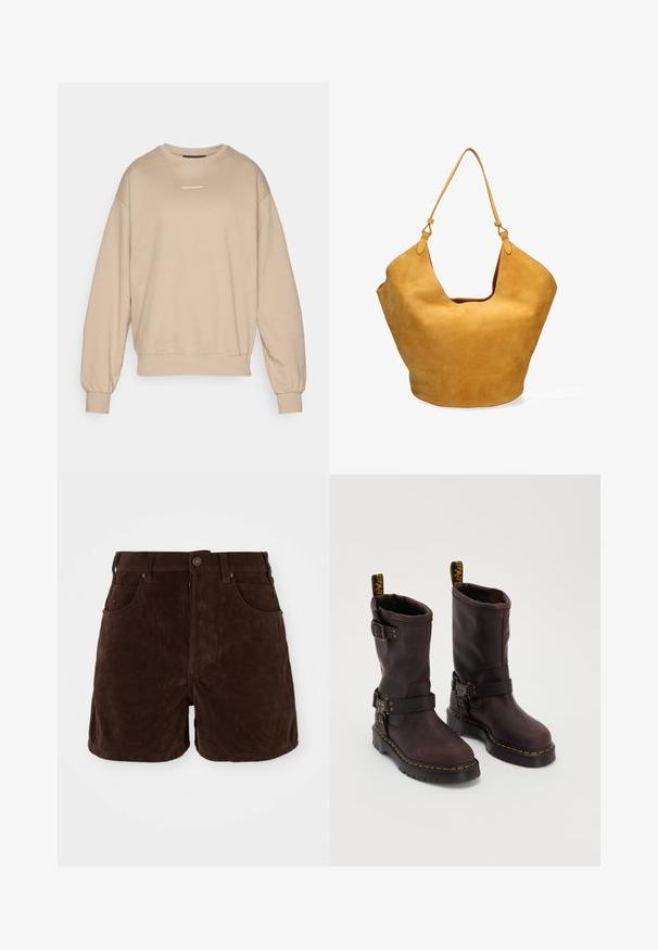 Felpa beige realizzata in morbido tessuto, con collo rotondo, polsini a coste e un piccolo logo bianco sul petto. Vestibilità strutturata e rilassata.; Pantaloni corti in suede marrone con vita alta, chiusura a bottoni e quattro tasche. Tessuto liscio e taglio dritto con linee pulite.; Stivali in pelle marrone con design fino al polpaccio, dotati di cinghia e fibbia, suola nera spessa e dettagli in cucitura gialla.; Borsa a spalla in suede giallo senape con un'apertura ampia, bordi superiori curvi e una sola tracolla. Texture morbida con una finitura liscia.