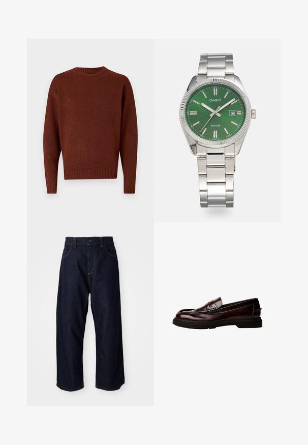 Pullover tricotat maro cu guler rotund, manșete și tiv cu nervuri. Textură moale și croială lejeră, cu mâneci inserate și fără modele.; Tricou alb cu mânecă scurtă, cu tiv bordo, textul "Escape BERLIN" pe partea din față la centru, "Mitte" pe pieptul stâng și un emblema circulară cu două stele pe pieptul drept.; Pantaloni din denim albastru închis cu o croială relaxată, având un închidere cu nasturi, bucle pentru curea și cusături galbene pe buzunare și pe cusături.; Loaferi din piele maro cu vârf rotunjit, cusături detaliate și talpă din cauciuc. Prezintă o bandă decorativă și o textură netedă.; Ceas din oțel inoxidabil argintiu cu un cadran verde rotund, marcaje de oră argintii, afişaj pentru dată și o brățară din linkuri metalice. Rezistent la apă până la 50 de metri.