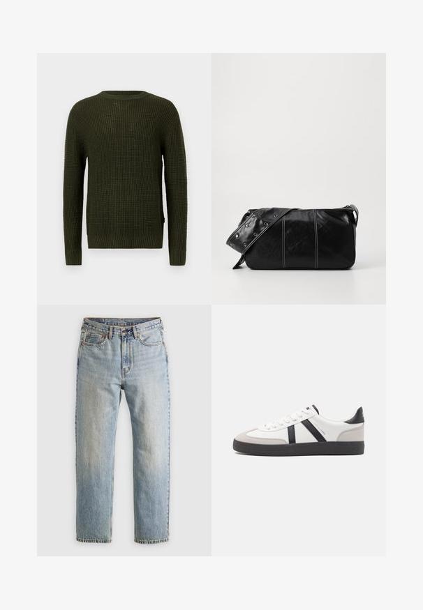 Olive green knitted sweater with a round neckline, long sleeves, and ribbed cuffs. Features a textured pattern and a relaxed fit.; Light blue denim jeans with high waist, front button, zipper, and five-pocket design, laid flat on a neutral background.; White sneaker with black and gray accents, featuring a textured gray toe cap, black rubber sole, and flat white laces. Clean design, minimalist style.; Black leather shoulder bag with a zip closure, featuring a textured body, white stitching, and a strap with silver grommets.