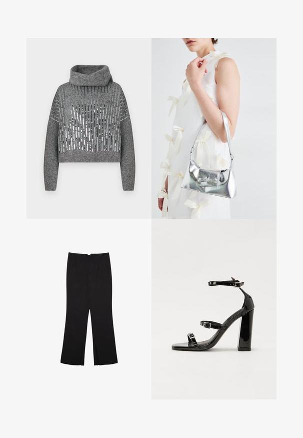 Pull cropped gris avec un col montant, présentant des rayures verticales alternées de sequins métalliques et de texture tricotée. Poignets et ourlet côtelés.; Pantalon noir avec une coupe droite, doté de poches avant et d'éclairs sur l'ourlet. Fabriqué en tissu doux et lisse. Convient à diverses occasions.; Sandales à talons hauts en cuir verni noir avec deux brides à boucles, bout carré et talon bloc épais, présentant une texture lisse et brillante.; Sac à main métallisé argenté au design structuré, avec une poignée supérieure et un détail en nœud sur le devant. Texture lisse, fini réfléchissant.