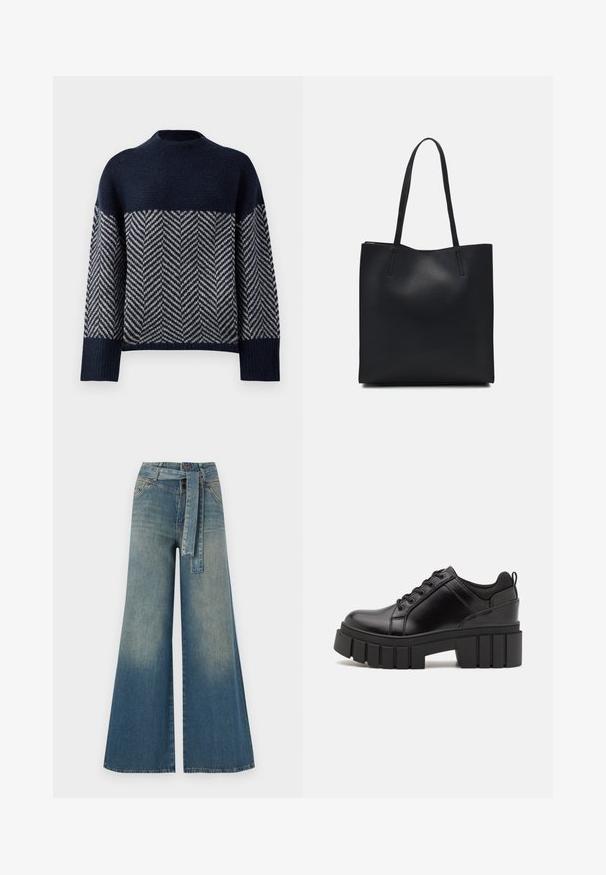 Tmavě modrý svetr s vysokým výstřihem, zdobený chevronovým vzorem v krémové barvě. Texturovaná pletenina, klesající ramena a žebrované manžety.; Džínové kalhoty širokého střihu s přechodem od světlé k tmavě modré, vysokým pasem, poutky na opasek a odpovídajícím opaskem ze stejného materiálu. Texturovaná džínovina.; Černé kožené platformové boty s masivním blokovým podpatkem, kulatou špičkou a tradičním šněrováním. Mají hladký povrch a minimální detaily.; Černá kožená taška přes rameno s hladkým povrchem, obdélníkovým tvarem a dvěma dlouhými uchy. Žádné viditelné kování ani ozdoby.