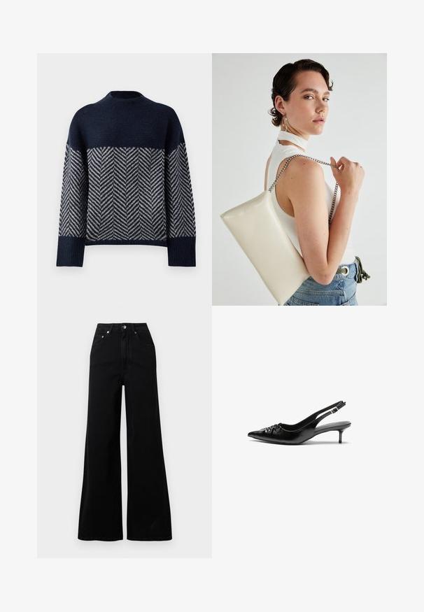Sweater azul-marinho com gola alta, apresentando um padrão zig-zag em creme. Tecido de malha texturizada, ombros caídos e punhos canelados.; Jeans pretos de ganga com perna larga, cintura alta, cinco bolsos, fecho frontal de botões e detalhes mínimos de costura.; Sapatos de salto alto slingback em couro preto com bico fino, pequeno salto kitten e um detalhe decorativo em forma de nó na parte da frente. Textura suave em toda a parte.; Bolsa de mão retangular branca, feita de material brilhante, com uma alça em corrente prateada. Modelo posa, exibindo a bolsa contra um fundo simples.