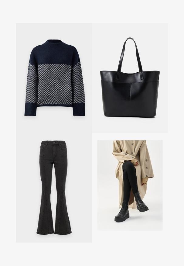 Jūras zila džemperis ar augstu kaklu, ar krēmkrāsas zīmuļu rakstu. Tekstūrēts adījums, kritušas plecu šuves un ribotas aproces.; Melnas džinsu bikses ar platām kājām un augstu jostas vietu, ar sānu šuvēm un gludu apdari pie apakšmalas. Audumam ir gluda tekstūra ar nelielu stiepšanos.; Melnas ādas potītes zābaki ar auklīšu detaļām, paaugstināta platformas zole, un tekstūras melnas legingas, valkātas ar gaiši beidžu trenču mēteļa.; Melnas ādas iepirkumu soma ar divām garām rokturām, gludu tekstūru un strukturētu formu. Iekļauj priekšējo kabatu papildu uzglabāšanai.