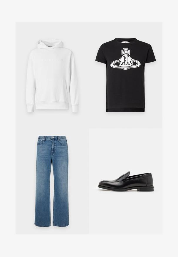 Fehér kapucnis pulóver, elülső kenguruzsebbel, húzózsinóros kapucnival és dombornyomott "QUARTZ CO" logóval a mellkason. Puha pamut anyag.; Fekete, rövid ujjú póló, nagy fehér grafikával, amely egy stilizált gömböt és gyűrűt ábrázol, középen kereszt alakú keresztel.; Széles lábú, koptatott kék farmernadrág. Öt zsebből, elülső gombos záródásból és egyenes szabásból áll.; Fekete bőr loaferek sima textúrával, kerek orral és dekoratív pánttal a vampnál. Alacsony, rétegelt sarkú, minimalista dizájn.