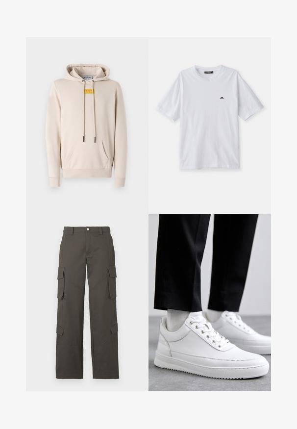 Beige hettegensere laget av mykt stoff, med en frontlomme, snorhette og et særpreget gult logoklipp på brystet.; Hvit bomull T-skjorte med rund hals og korte ermer, med en liten svart logo på brystet. Glatt tekstur og avslappet passform.; Mørkegrå cargo-bukser med rett ben, knappestengning og fire klaffelommer, to på lårene og to nær leggmusklene.; Hvite skinn-sneakers med flat gummi såle, med en glatt finish, rund tå og metalløye for snøring. Båret med svarte bukser.