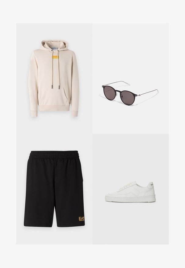 Haut à capuche beige en tissu doux, avec une poche sur le devant, une capuche avec cordon de serrage et un patch logo jaune distinctif sur la poitrine.; T-shirt en coton noir avec un col rond, des manches courtes et le logo "EMPORIO ARMANI" en blanc au-dessus de "Milano" dans un design incurvé.; Shorts de sport noirs en tissu doux, avec une taille élastique et un petit logo jaune EA7 sur le bas de la jambe gauche.; Baskets en cuir blanc avec une finition lisse, bout arrondi, lacets plats et semelle texturée. Présente un logo discret sur le talon.; Lunettes de soleil noires rondes avec verres sombres et branches en métal fines. Comprend des embouts transparents et des accents argentés au niveau de la charnière. Design minimaliste.