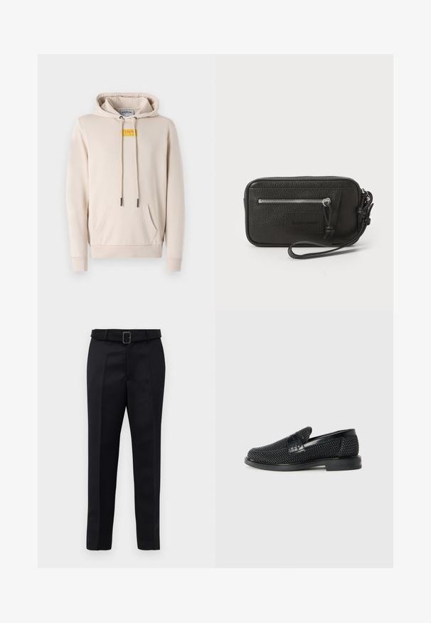 Šviesiai rudos spalvos gobtuvėlis, pagamintas iš minkštos medžiagos, su priekinėmis kišenėmis, raišteliu ant gobtuvo ir išskirtiniu geltonu logotipu krūtinėje.; Juodos pritaikytos kelnės turi lygią medžiagą, tiesų kirpimą ir diržą su stačiakampiu sagtimi. Išskirtiniai priekiniai raukšliai pagerina dizainą.; Juodas pintas slip-on tipo batelis su lygiu odiniu akcentu viršuje, apvalios nosies dizainas ir žemas guminis padas.; Juodas odinis delninukas su tekstūruotu paviršiumi, priekinė užtrauktuko kišenė ir nuimama riešo juosta. Priekyje yra logotipo etiketas. Stačiakampio formos.