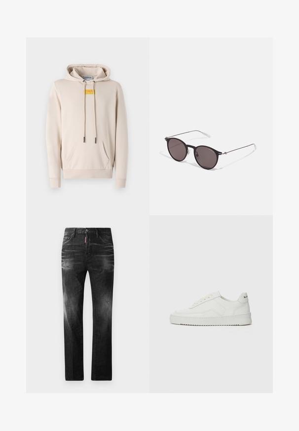 Beige hoodie made of soft fabric, featuring a front pocket, drawstring hood, and a distinctive yellow logo patch at the chest.; Black denim jeans with a straight fit. Features faded areas, minor distressing, classic five-pocket design, and a button closure.; White leather sneaker with a smooth finish, round toe, flat laces, and a textured sole. Features a subtle logo on the heel.; Black round sunglasses with dark lenses and slim metal arms. Includes clear temple tips and silver accents at the hinge. Minimalist design.