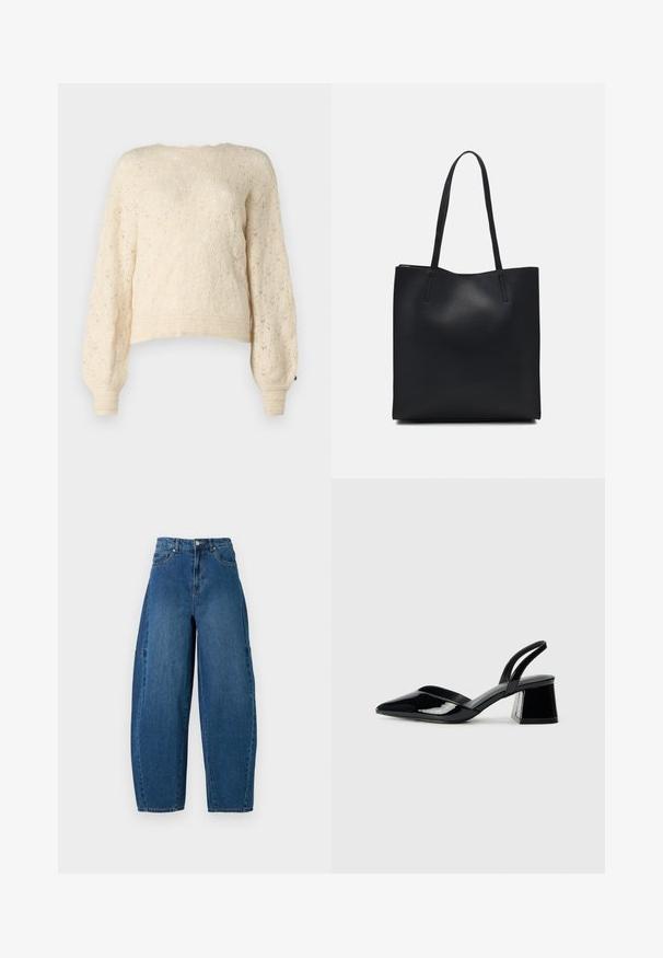 Cremefarbener Strickpullover mit strukturiertem Rautenmuster, langen Puffärmeln und gerippten Bündchen. Der verkürzte Schnitt verleiht einen modernen Akzent.; Denimjeans in einer mittleren blauen Waschung, mit hoher Taille, weit geschnittenem Bein und dem typischen fünf Taschen Design mit sichtbaren Nahtdetails.; Schwarze Lackleder-Slingback-High Heels mit spitzem Schuh und einem geometrischen Blockabsatz. Verfügt über ein schlankes, minimalistisches Design und eine glatte Textur.; Schwarze Laptoptasche aus Leder mit glatter Textur, rechteckiger Form und zwei langen Griffen. Keine sichtbaren Beschläge oder Verzierungen.
