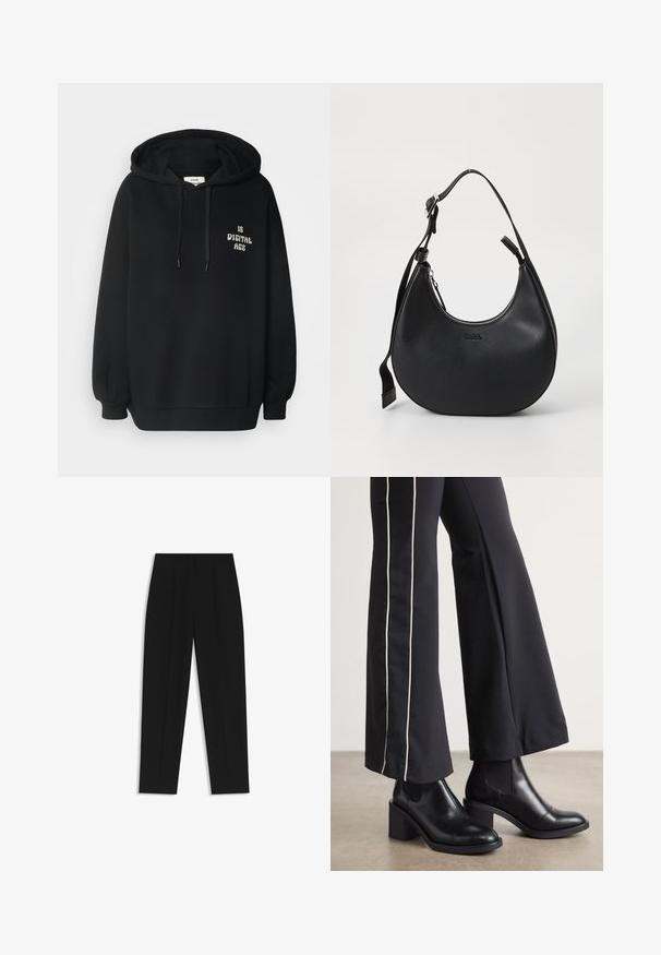 Felpa nera con cappuccio realizzata in tessuto misto cotone, con maniche lunghe, polsini a costine e testo stampato "IS DIGITAL AGE" in bianco.; Pantaloni neri a taglio dritto, con doppie pieghe, una texture liscia e un design classico in vita. Nessun hardware o dettaglio visibile.; Stivaletti in pelle nera con tacco a blocco, dotati di pannelli elastici sui lati. Abbinati a pantaloni neri con una striscia bianca laterale.; Borsa a spalla in pelle nera con forma curva, chiusura con zip e tracolla regolabile. Presenta il logo del marchio impresso sulla parte anteriore.