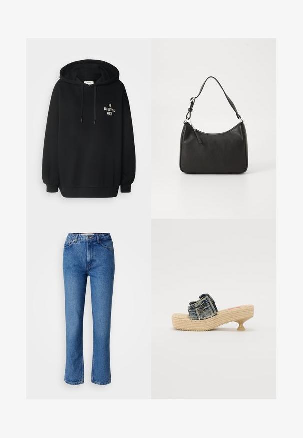 Hanorac negru cu glugă, dintr-un amestec de bumbac, cu mâneci lungi, manșete din material ribatat și text imprimat "ESTE ERA DIGITALĂ" în alb.; Jeans din denim albastru cu un croi drept, având un design clasic cu cinci buzunare, cusături portocalii și închidere cu buton.; Sandală din denim cu platformă împletită și toc mic. Are cusături decorative și un accent metalic pe cureaua superioară.; Geantă de mână din piele neagră, cu o formă curbată, curea unică, închidere cu fermoar și un branding subtil pe față. Textură fină, design minimalist.