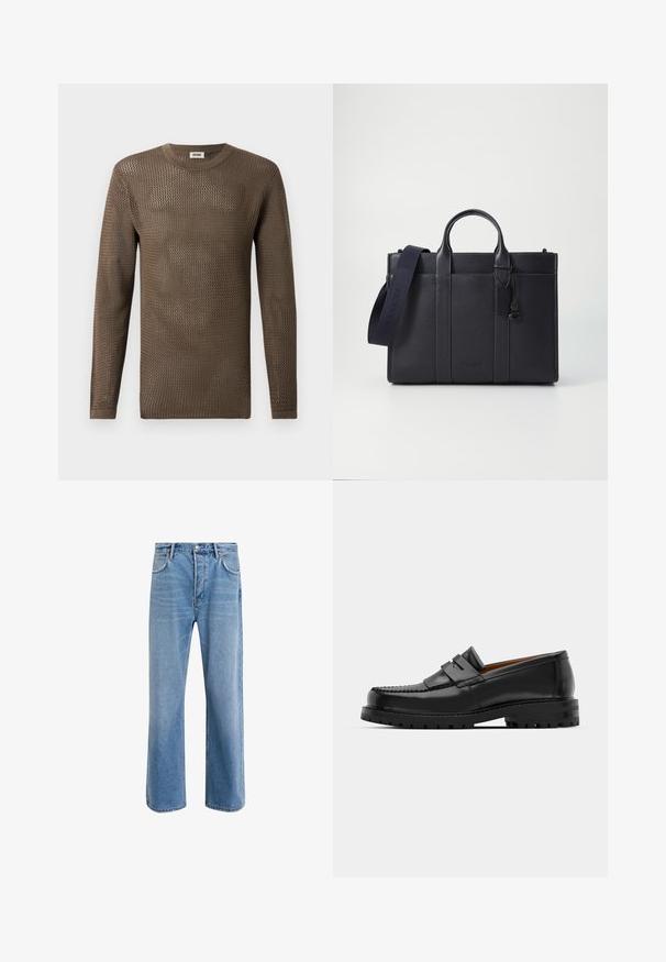 Brown, long-sleeve knit sweater with a textured, open-weave pattern. Rounded neckline and ribbed cuffs complete the design.; Light blue denim jeans with a straight-leg design, five pockets, button closure, minimal fading, and contrasting stitching details.; Black leather loafers feature a raised seam, two decorative straps on the upper, and a thick textured sole for added grip.; Dark navy leather briefcase with dual top handles and a detachable strap. Features textured finish, vertical stitching, and logo detail.
