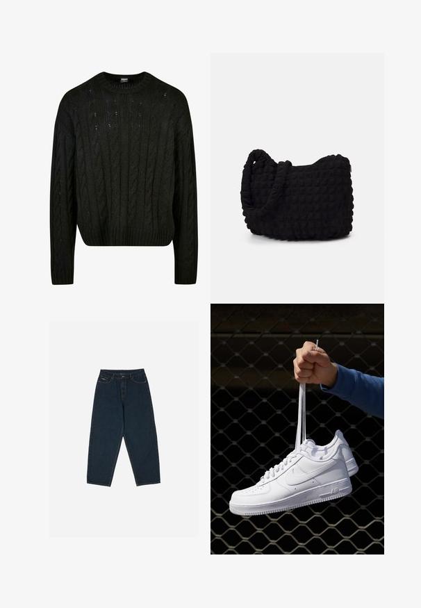 Juodas megztinis su pynėmis, apvalia iškirpte, nukritusiais pečiais ir elastingu apvadu. Pusiau trumpas dizainas su tekstūruotu paviršiumi.; Tamsiai mėlynos aukšto liemens džinsai su laisvu siluetu, turintys penkias kišenes ir sagčių užsegimą. Pagaminti iš džinsinio audinio, turinčio lygų paviršių.; Balti odiniai sportiniai bateliai su perforacijomis, apvalia nosimi, plokščiu padu ir storomis raištelėmis, su matomu swoosh logotipu ir "AIR" ant kulno.; Juodas audinio maišelis su tekstūruota, siuvinėta raštu. Apvalios formos, trumpi, stori rankenėlės ir minkšta, lanksti struktūra.