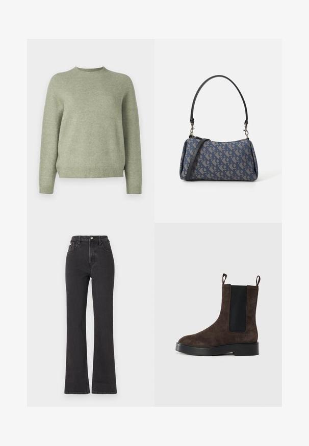 DRYKORN PEMIRI - Stickad tröja - green; Svarta högmidjade utsvängda jeans i denim, med knappknäppning, bältesöglor och sidofickor. Slät textur med minimal urtvättning.; Brun mocka ankelsko med elastiska sidopaneler och dragtabbar. Har en rundad tå och en kraftig svart klack för stabilitet.; Blå mönstrad handväska i tyg, med en rundad form, svart läderrem och logodesign i en ljusare nyans.