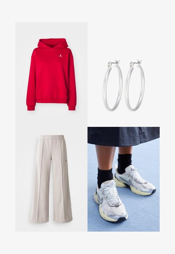 Röd huvtröja av mjukt tyg, med en framficka och en vit broderad logotyp på bröstet. Ribbar vid ärmslut och nederkant.; Kortärmad T-shirt i ljusrosa, tillverkad av mjukt material. Har rundad halsringning och korta ärmar med en liten vit Nike-logotyp på bröstet.; Ljusgrå vida byxor tillverkade av mjukt tyg. Har en elastisk midja och svart Nike-logotyp på vänster sida.; Vita och silver Nike-sneakers i mesh-material, med reflexdetaljer och en beige sula. Bärs med svarta strumpor, står på en blå yta.; Silverfärgade hoopörhängen med en slät, polerad yta. Rund form och säker klickstängning. Lättviktig design som passar för vardagligt bruk.