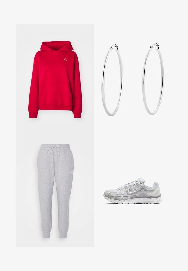Rdeča kapuca pulover iz mehkih materialov, z sprednjim žepom in belim vezenim logotipom na prsih. Ribičasti manšeti in spodnji rob.; Svetlo sivi trenirka s vrvico za nastavitev v pasu, zožanimi hlačnicami in majhnim belim logotipom na levi stegn. Narejena iz mehkega, teksturiranega materiala.; Svetlo sivi atletski čevlji z zgornjim delom iz mrežaste in sintetične tkanine, opremljeni z vezalkami, oblazinjenim ovratnikom in teksturiranim podplatom za dober oprijem.; Srebrni obroči za ušesa z gladko, polirano površino in tanko, okroglo obliko. Oblikovanje vključuje varen zaponko.
