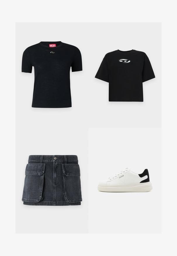 Svart kortärmad T-shirt med rund halsringning, tillverkad av mjukt tyg, med en rundad silverdetalj nära halsen och en röd etikett.; Svart bomullströja med en kort design, korta ärmar och rund halsringning. Har en kontrasterande oval logotyp på bröstet.; Svart denimkjol med figursydd midja, knappstängning, två stora framfickor och kontrasterande sömnadsdetaljer.; Vita lädersneakers med en tjock vit sula, svartsuede hälaccent och präglad logotyp på sidan. Snörningsdesign med sex öglor.