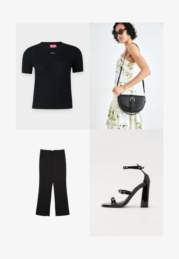 Černé krátké tričko s krátkým rukávem a kulatým výstřihem, vyrobené z měkké látky, s kulatým stříbrným detailem poblíž výstřihu a červenou nášivkou.; Černé kalhoty s rovným střihem, s předními kapsami a bočními rozparky na lemu. Vyrobené z jemné, hladké tkaniny. Vhodné na různé příležitosti.; Černé lakované sandály na vysokém podpatku se dvěma pásky se sponami, čtvercovou špičkou a robustním blokovým podpatkem, s hladkou, lesklou texturou.; Černá kožená kabelka s křivkovým tvarem, odnímatelným popruhem a zlatými detaily. Kabelka má klopu s přezkou.