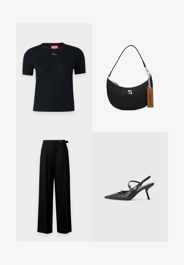 Svart kortärmad T-shirt med rund halsringning, tillverkad av mjukt tyg, med en rundad silverdetalj nära halsen och en röd etikett.; Svarta byxor med vida ben och hög midja, med veck framtill och ett bälte med spänne. Tillverkade av ett mjukt, lätt tyg.; Svarta läderklackar med slingback, spetsig tå, smal klack och dekorativ spänndetalj på ovansidan. Slät struktur och stilren design.; Svart läderhandväska med en pebblad textur, böjd form, dragkedjestängning upptill, silverfärgad hårdvara och en brun etikett. Har en logotypdetalj.