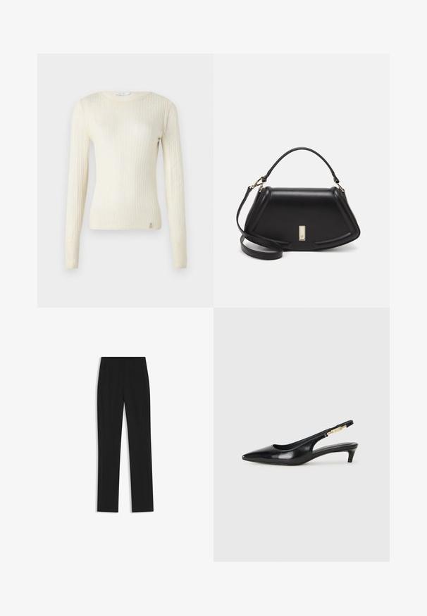 Cream ribbed knit long-sleeve sweater with a scoop neckline and small logo detail at the hem. Soft texture and fitted design.; Black tailored trousers with a straight-leg design, featuring front pockets and a smooth, textured fabric. Neat, minimal detailing.; Black leather slingback heels with a pointed toe, featuring a slim heel and a gold-tone accent on the adjustable strap. Smooth texture.; Black leather handbag with a structured design, featuring a cropped shape, top handle, and gold hardware accent. Adjustable shoulder strap included.