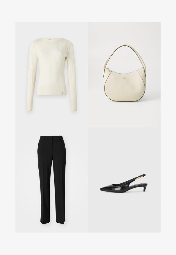 Kremfarget ribbestrikket genser med lange ermer, scoop neck og liten logodetalj på kanten. Myk tekstur og en tettsittende design.; Sorte skreddersydde bukser med rett silhuett, med en glatt tekstur og klare pressede bretter foran. Ingen synlig maskinvare.; Sorte lærreim hæler med spiss tå, som har en slank hæl og en gullfarget detalj på den justerbare stroppen. Glatt tekstur.; Kremfarget håndveske med teksturert overflate, buet form, kort håndtak og gullfarget logo. Glidelås lukking på toppen.
