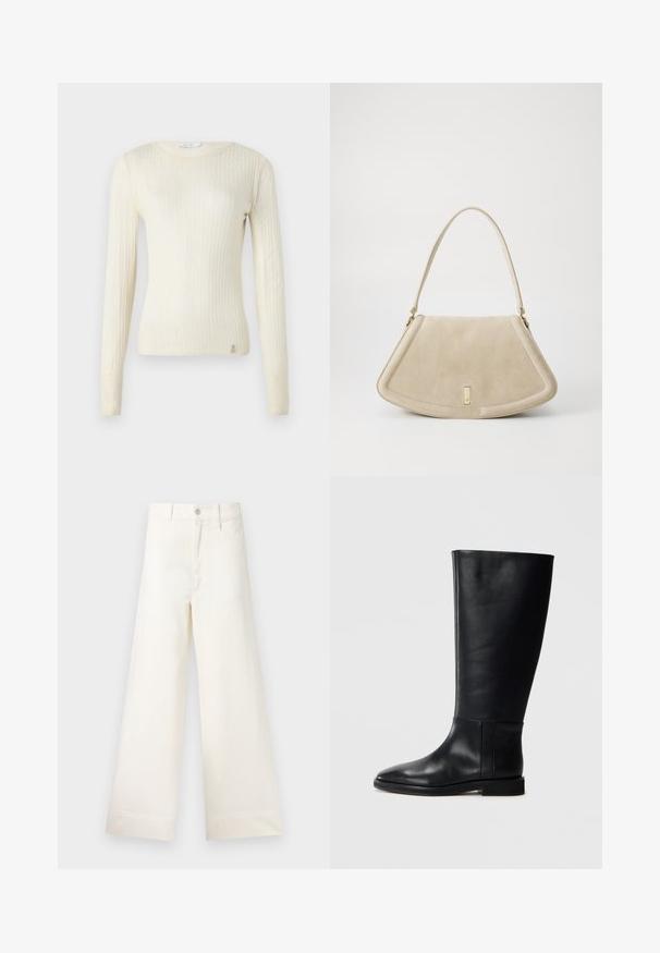 Crème rib gebreide trui met lange mouwen, een ronde hals en een klein logo-detail aan de zoom. Zachte textuur en een slimfit ontwerp.; Bredere broek van lichtbeige katoen. Heeft een hoge taille, voorzakken en een rechte snit. Schoon afgewerkte zoom zonder patronen.; Zwarte leren kniehoge laars met een ronde neus, een gladde textuur, een minimalistisch ontwerp en een platte zool. Eenvoudige stikdetails op de schacht.; Beige suède handtas met een afgeronde driehoekige vorm, een enkele schouderband en een goudkleurig hardwareaccent aan de voorkant.