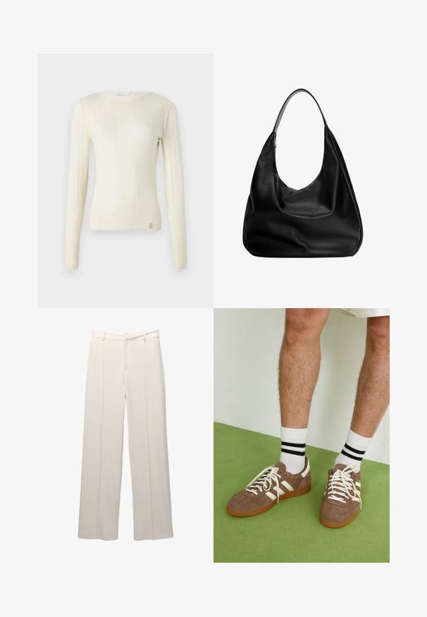 Kermainen ribattuja neulepaita, jossa on pitkä hihainen muotoilu, kaarinaulo ja pieni logoyksityiskohta helmassa. Pehmeä rakenne ja istuva malli.; Valkoiset leveälahkeiset housut vaaleasta beigeestä kankaasta, joka on sileäpintainen. Housuissa on istuva vyötärö, edessä laskokset, eikä näkyviä taskuja.; Ruske nahkate sneakerit valkoisilla korostuksilla ja nauhoilla. Kumi-gumipohja. Yhdistetty valkoisiin sukkiin, joissa on mustia raitoja. Vihreä teksturoitu lattia.; Musta nahkainen hobo-laukku, jossa on löysä muotoilu, leveä olkahihna ja sileä pinta. Sisältää yhden vetoketjukiinnityksen sivussa.