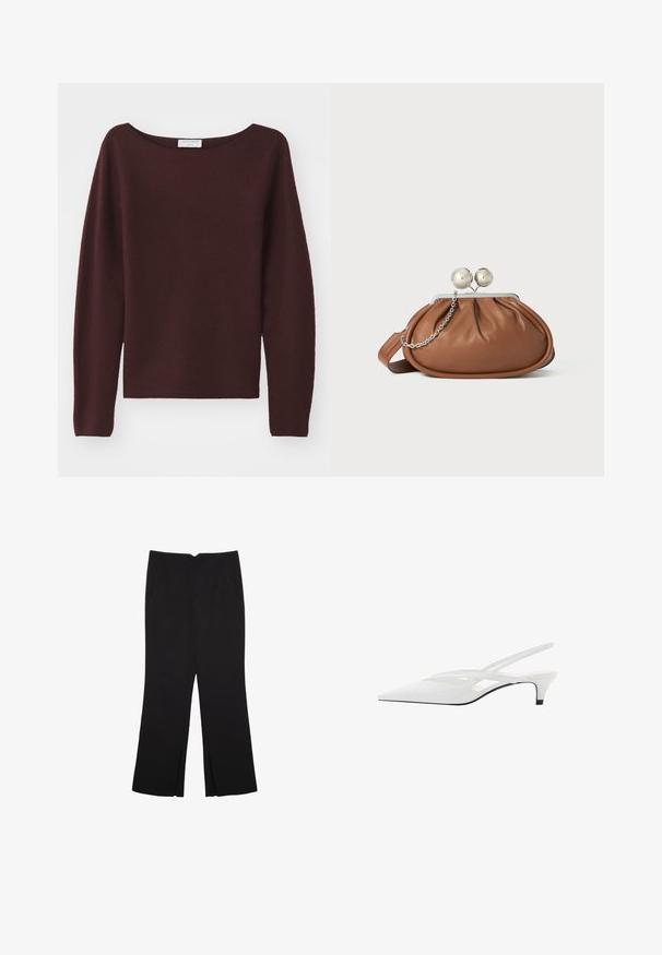 Burgundy stickad tröja med vid båthals och långa ärmar. Mjuk textur, rak skärning i nederkant, inga synliga dekorationer.; Svarta byxor med rak passform, utrustade med framfickor och sidoklyvningar vid fållen. Tillverkade av mjukt, slätt tyg. Lämpliga för olika tillfällen.; Vit slingback-häl med spetsig tå, med en slät ovandel, subtila utskärningar och en låg blockklack. Svart sula framhäver designen.; Brun läderhandväska med silverkulklämma och en liten silversked på vit bakgrund.