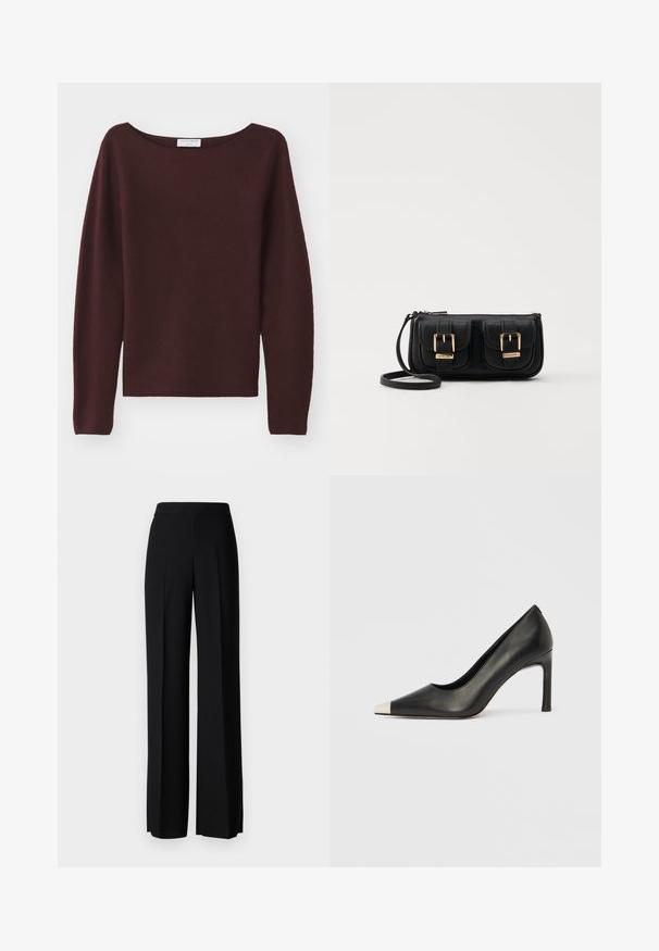 Burgundy pletený svetr s širokým lodním výstřihem a dlouhými rukávy. Měkká textura, rovný střih na lemu, žádné viditelné zdobení.; Černé kalhoty s širokým střihem a hladkým povrchem, s vysokým pasem a středovými skladbami. Žádné viditelné vzory ani kovové detaily.; Černá kožená lodička na vysokém podpatku s špičatou špičkou a stříbrnou kovovou špičkou. Má hladký povrch a štíhlý 10cm podpatek.; Černá kožená crossbody taška se dvěma předními kapsami, zlatými přezkami, zipovým uzávěrem a štíhlým popruhem. Texturovaný povrch a kompaktní obdélníkový tvar.