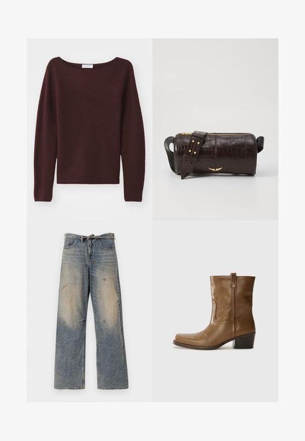 Bordeaux gebreide trui met een ruime bootnek en lange mouwen. Zachte textuur, rechte snit aan de onderkant, geen zichtbare versieringen.; Lichtblauwe denim jeans met een losse, recht gesneden pasvorm. Voorzien van slijtageplekken, vervaging en distressed details bij de knieën. Klassiek five-pocket ontwerp.; Bruine lederen enkelboot met een vierkante neus, gestructureerde afwerking en een lage blokhak. Voorzien van een handige achterste lus en subtiele stikdetails.; Bruine krokodil-embosserende leren tas met een cilindervorm, gouden hardware en een afneembare schouderband met studs.