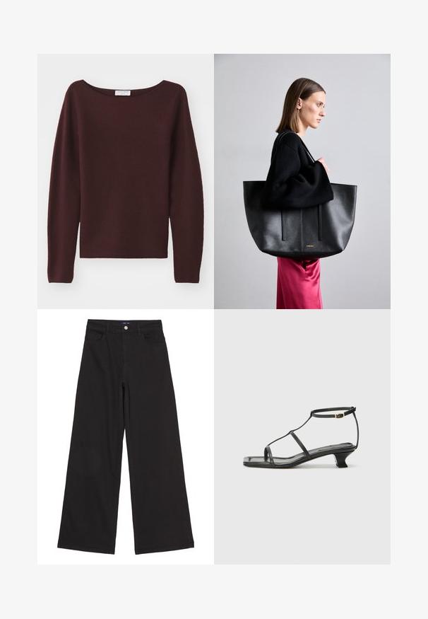 Maglione bordeaux lavorato a maglia con scollatura ampia e maniche lunghe. Tessuto morbido, taglio dritto all'orlo, senza decorazioni visibili.; Pantaloni neri a gamba larga in denim, con vita alta, tasche frontali e un singolo bottone in metallo in vita, texture liscia.; Sandalo in pelle nera con punta quadrata, cinturini sottili, cinturino alla caviglia regolabile e tacco basso. Presenta un piccolo accento dorato sul cinturino.; Borsa tote in pelle nera con finitura texture, dotata di due linee verticali, doppie spalline e un design minimalista.