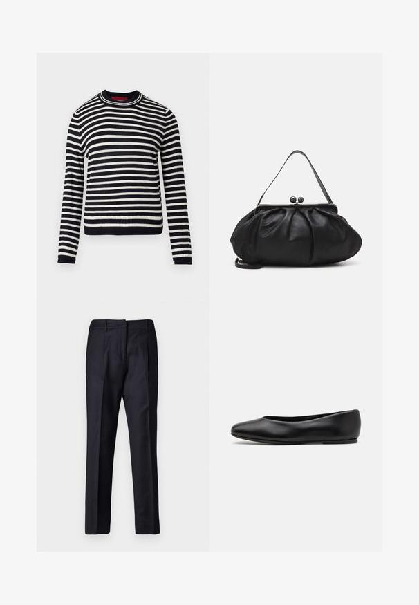 Schwarz-weißer gestreifter Pullover, Rundhals, lange Ärmel, gerippte Bündchen und Saum. Hergestellt aus weichem Stoff mit gleichmäßig verteilten horizontalen Streifen.; Schwarz, langärmliges Turtleneck-Oberteil aus glattem Material, mit einem gerafften Kragen und einer enganliegenden Silhouette mit einfachen Kanten.; Marineblaue, maßgeschneiderte Hosen mit glatter Textur, flachem Frontdesign, doppelten Falten und Gürtelschlaufen. Gerader Schnitt, mit umgeschlagenem Saum.; Paul Smith TOPANGA - Klassischer Ballerina - black; Schwarze Lederhandtasche mit einer runden, gefalteten Form. Verfügt über einen metallischen Verschluss mit zwei dekorativen Kugeln und einem schmalen, abnehmbaren Tragegurt.