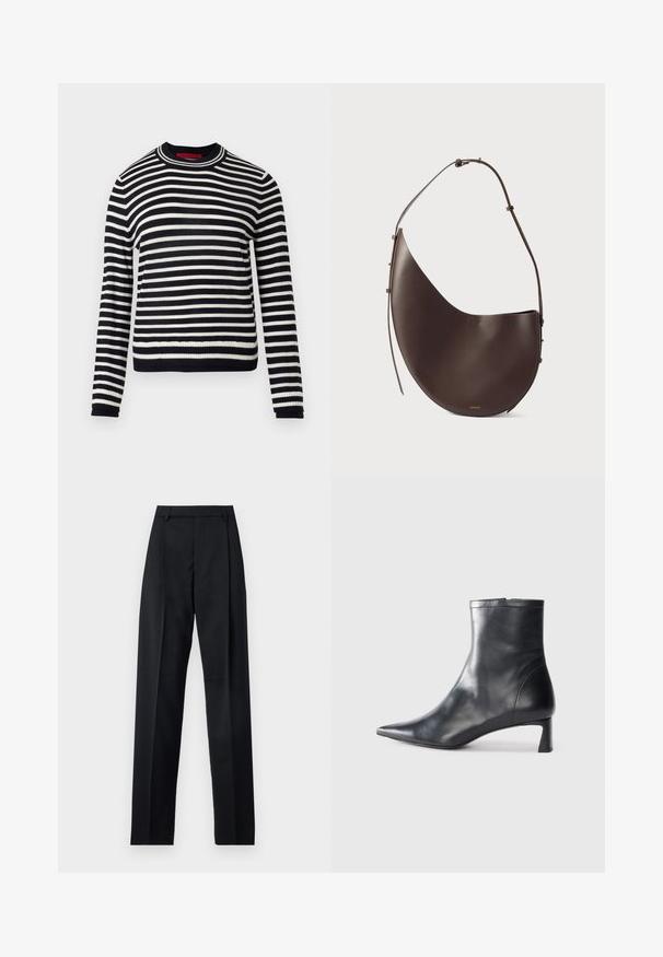 Fekete-fehér csíkozott pulóver, kerek nyakkal, hosszú ujjakkal, bordázott mandzsettákkal és hemével. Puha anyagból készült, egyenletesen elhelyezkedő vízszintes csíkokkal.; Fekete nadrág sima anyagból, magas derékkal, széles lábakkal, elülső redőkkel és klasszikus övhurkokkal. Oldalzsebek nem láthatók.; Fekete bőr bokacsizma hegyes orral és letisztult dizájnnal. Alacsony sarka és hátsó cipzáras záródása van. Simának tűnő textúra.; Barna bőr kézitáska ívelt formával, egyszálú pánttal és minimalista dizájnnal. Diszkrét logóval és arany színű fém részekkel rendelkezik.